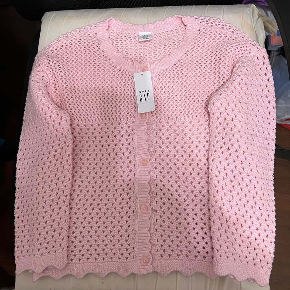 NWT: Baby Gap button down crochet, pink scalloped long sleeves and sweater hem.